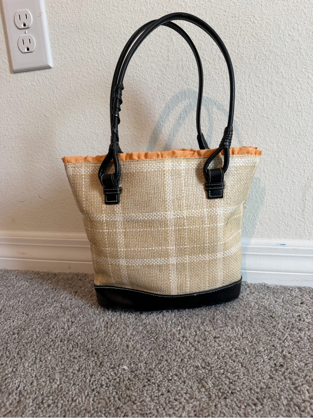 Victoria's Secret Beige Straw Tote with Black Trim and Orange Accent